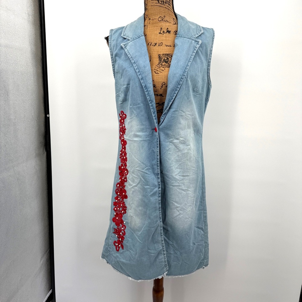 HASKO Istanbul Denim Vest Duster Sleeveless Red Floral Detail Sz L 29‎ Festival